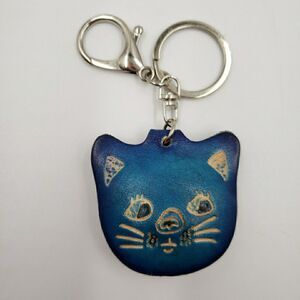 Blue Mini Cat Face Keychain Handmade Leather Kawaii Accessory Bag Charm Keyring